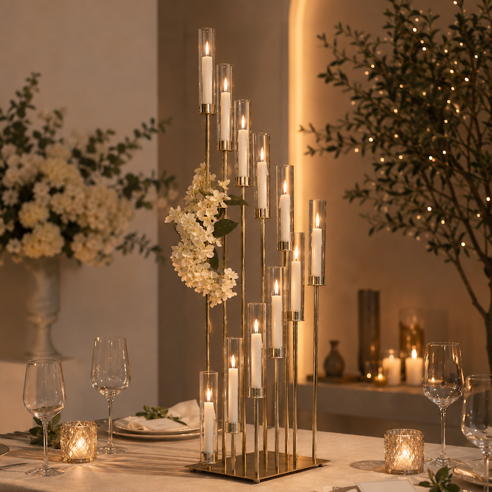 Gold 12 Arms Cluster Candle Holder with Glass Shade (57"H) – 2-Pack Wedding Candelabra - Image 13