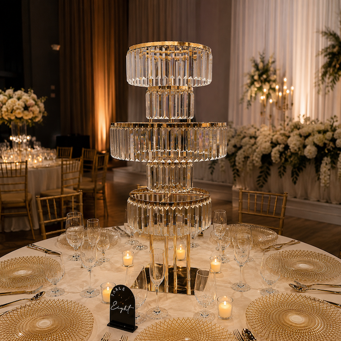 Here are the best SEO-optimized Image Alt Text options for your 5-tier gold centerpiece stands to maximize your Google Images search visibility. 📸 1. For the Main Product Image (White Background) Alt Text: 2-pack of 40 inch tall 5-tier gold centerpiece stands with hanging glass pendants for wedding tables.