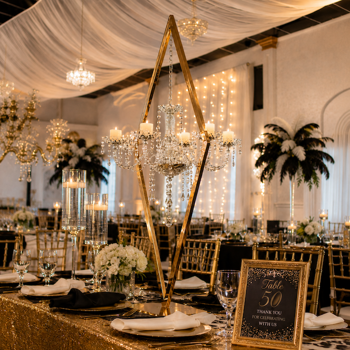 pair of 45.6-inch tall gold diamond rhombus metal candle holders with transparent acrylic cups and pendants on a wedding dining table.