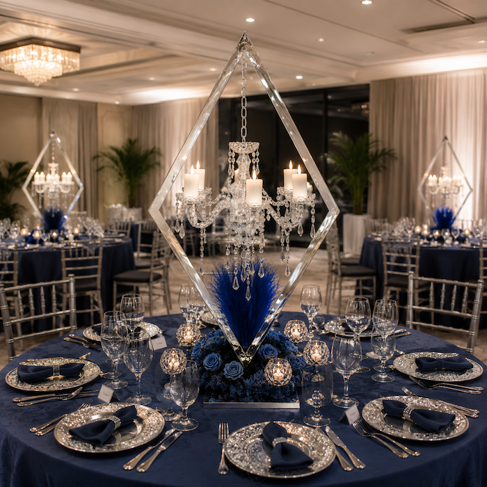 Luxury wedding reception tablescape featuring tall silver diamond rhombus metal candle holders with hanging crystals.