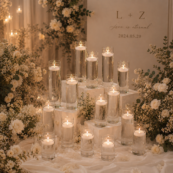 n unbreakable acrylic cylinder candle holders set of 18 arranged in tiered 12-inch, 10-inch, and 8-inch heights with floating candles on a wedding dining table.