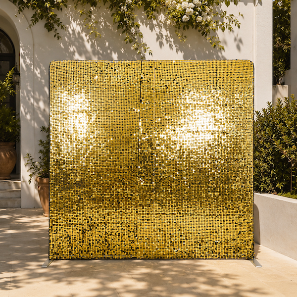 7.5ft x 8ft double-sided shimmer wall backdrop displayed as a sparkling sequin photo booth wall for events.