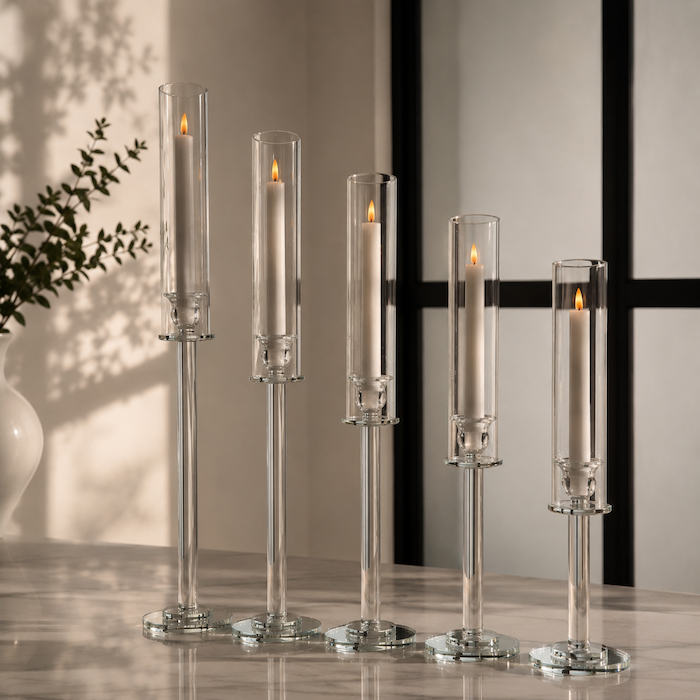 【PRE ORDER】5-Piece Crystal Glass Candle Holder Set – Tall Wedding Centerpiece Hurricane Stands - Image 4
