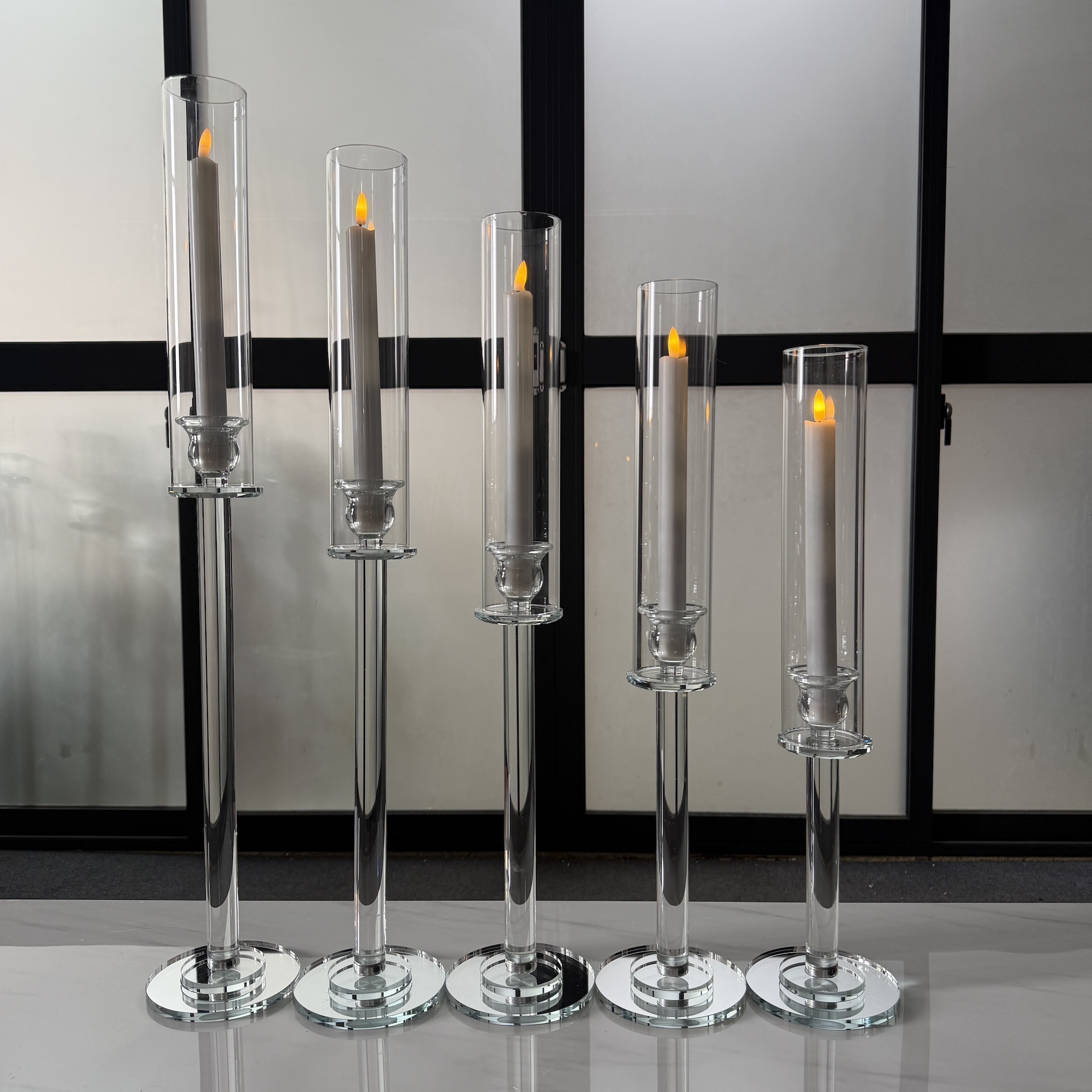 【PRE ORDER】5-Piece Crystal Glass Candle Holder Set – Tall Wedding Centerpiece Hurricane Stands - Image 6