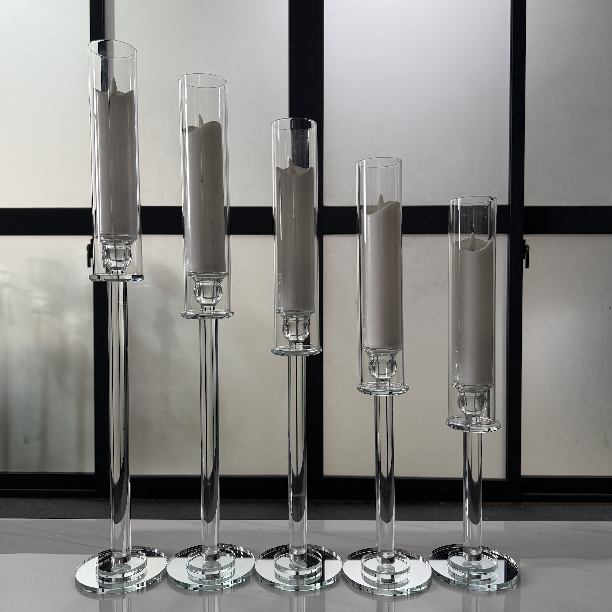 【PRE ORDER】5-Piece Crystal Glass Candle Holder Set – Tall Wedding Centerpiece Hurricane Stands - Image 5