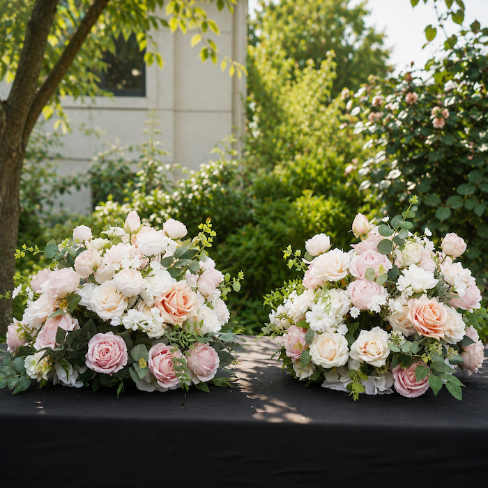 Two blush pink artificial flower balls with lush green leaves displayed on a table for outdoor wedding centerpiece decor.