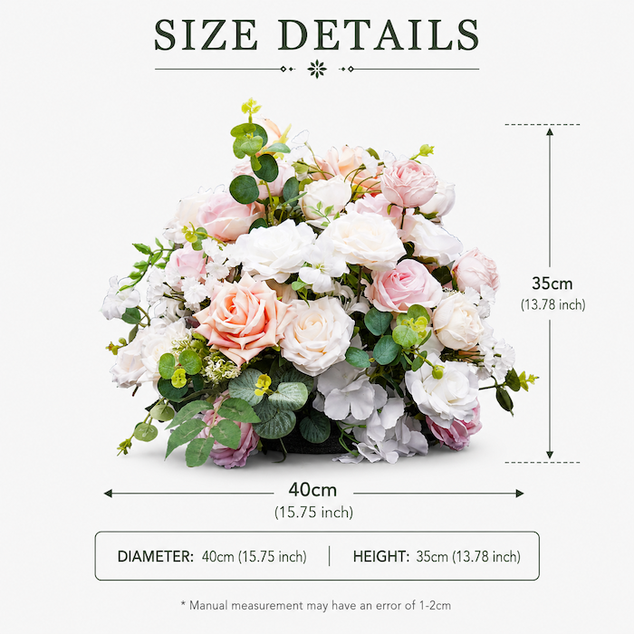 Size dimensions of the 40cm blush pink artificial flower ball with greenery showing 15.75 inch diameter and 13.78 inch height.