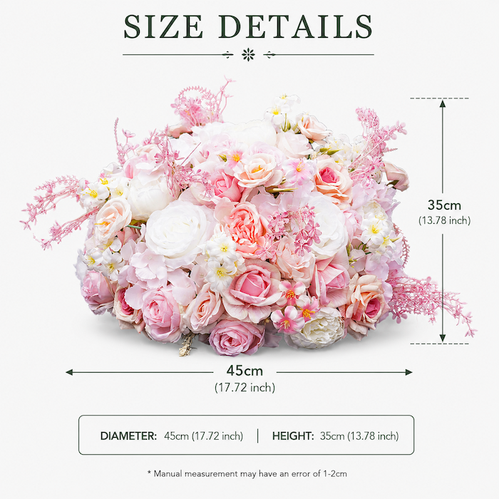 Size details of 45cm pink artificial flower ball centerpiece showing 17.72 inch diameter and 13.78 inch height.