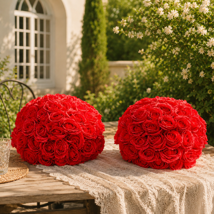 15.7 inch large red silk flower ball centerpiece showing dimensions of 40cm width and 35cm height for wedding table decor.