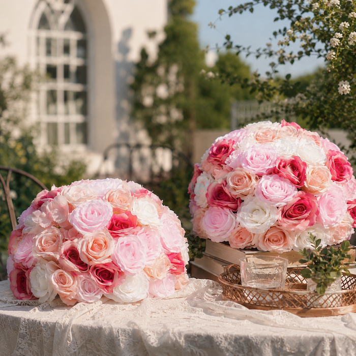 15.7 inch large pink silk rose flower ball centerpiece showing dimensions of 40cm width and 35cm height for wedding decor.