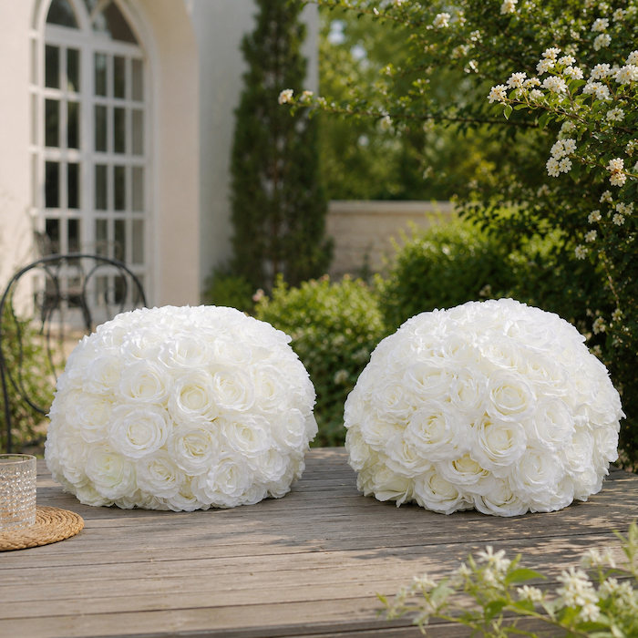 15.7 inch large white silk rose flower ball centerpiece showing dimensions of 40cm width and 35cm height for wedding decor