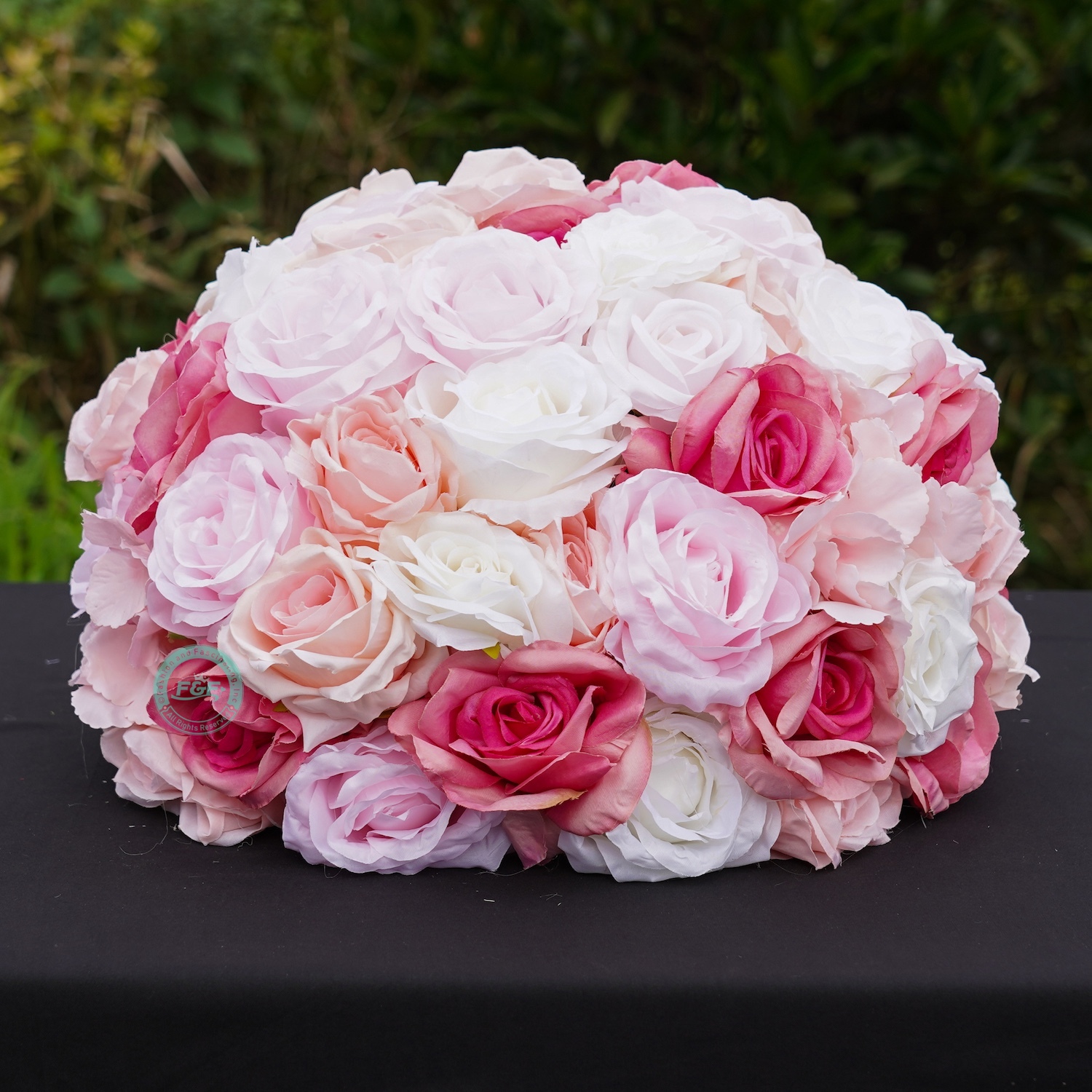 15.7 inch large pink silk rose flower ball centerpiece showing dimensions of 40cm width and 35cm height for wedding decor.