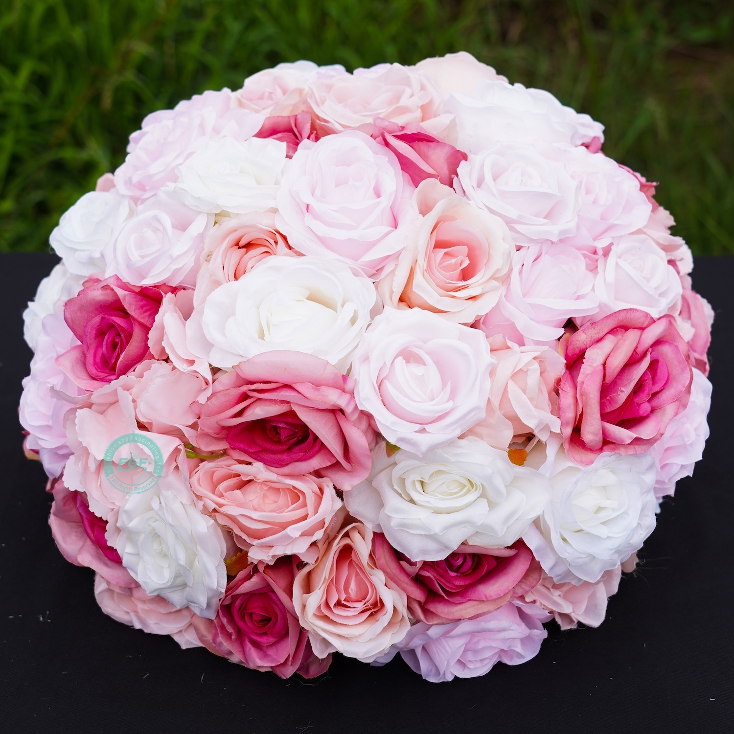 15.7 inch large pink silk rose flower ball centerpiece showing dimensions of 40cm width and 35cm height for wedding decor.