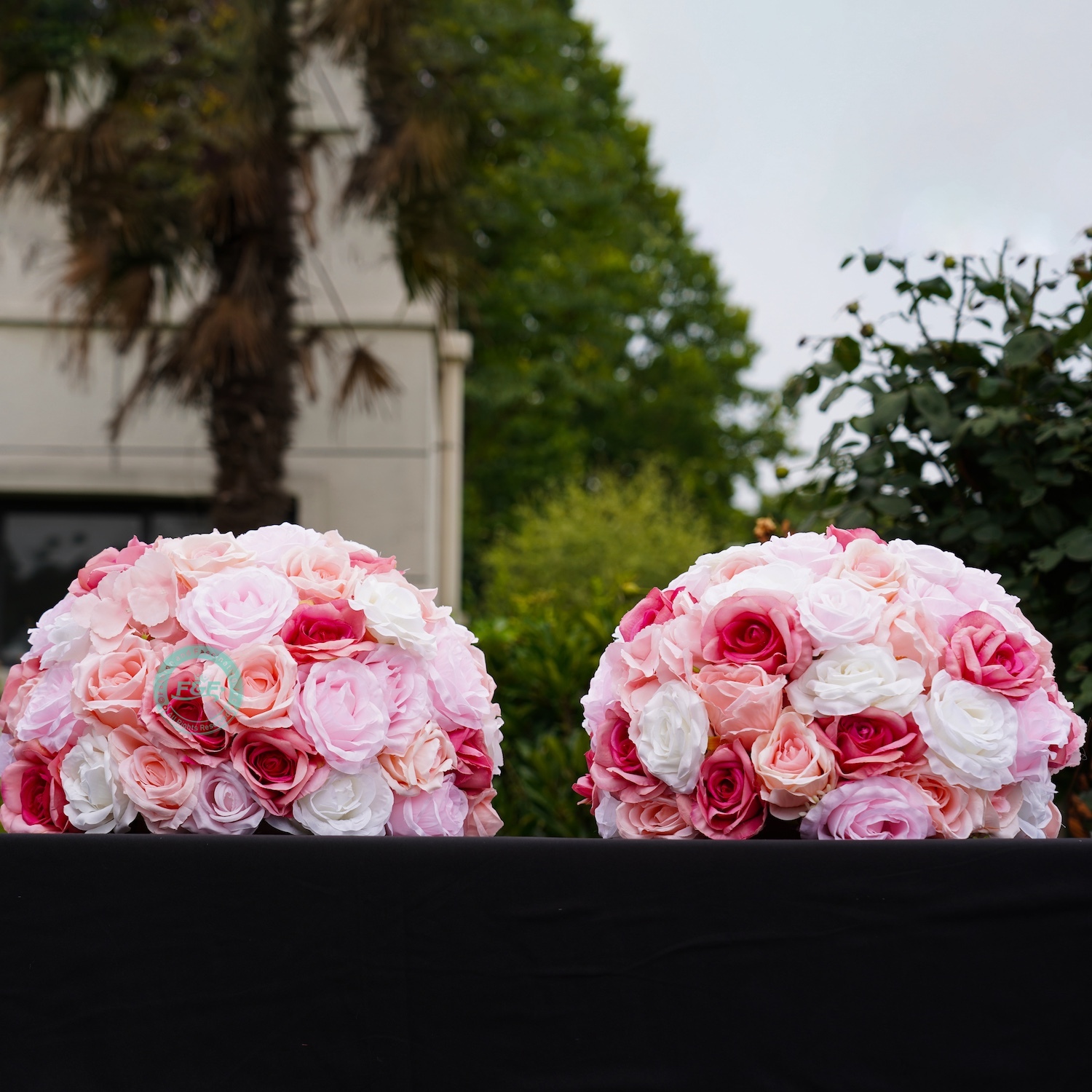 15.7 inch large pink silk rose flower ball centerpiece showing dimensions of 40cm width and 35cm height for wedding decor.