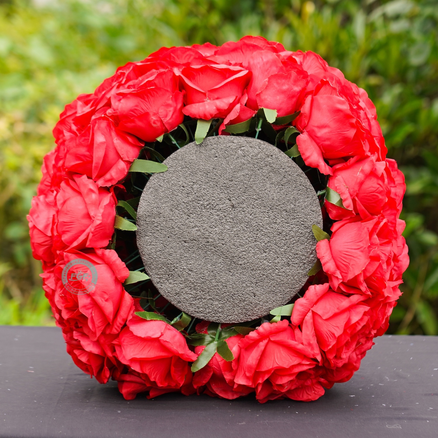 15.7 inch large red silk flower ball centerpiece showing dimensions of 40cm width and 35cm height for wedding table decor.