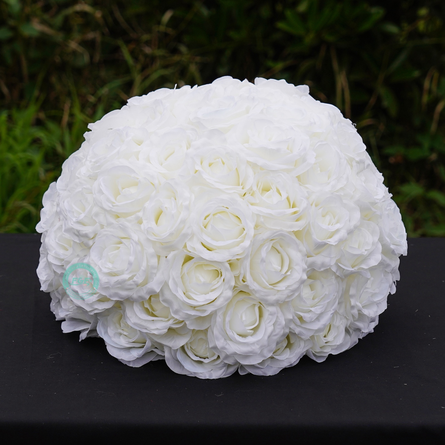 15.7 inch large white silk rose flower ball centerpiece showing dimensions of 40cm width and 35cm height for wedding decor.