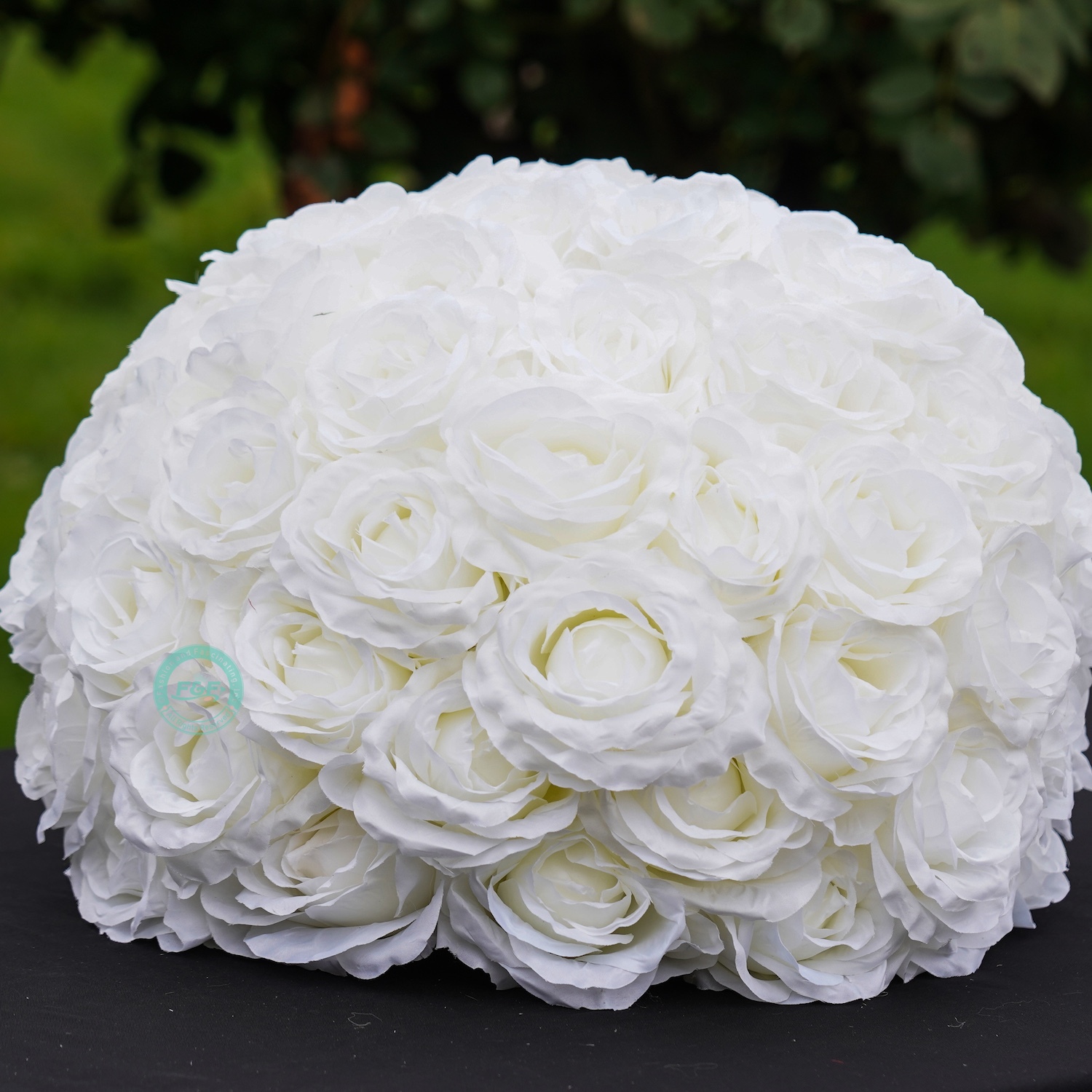 15.7 inch large white silk rose flower ball centerpiece showing dimensions of 40cm width and 35cm height for wedding decor.
