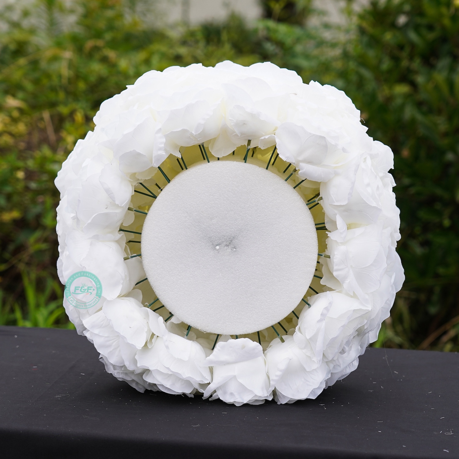 15.7 inch large white silk rose flower ball centerpiece showing dimensions of 40cm width and 35cm height for wedding decor.