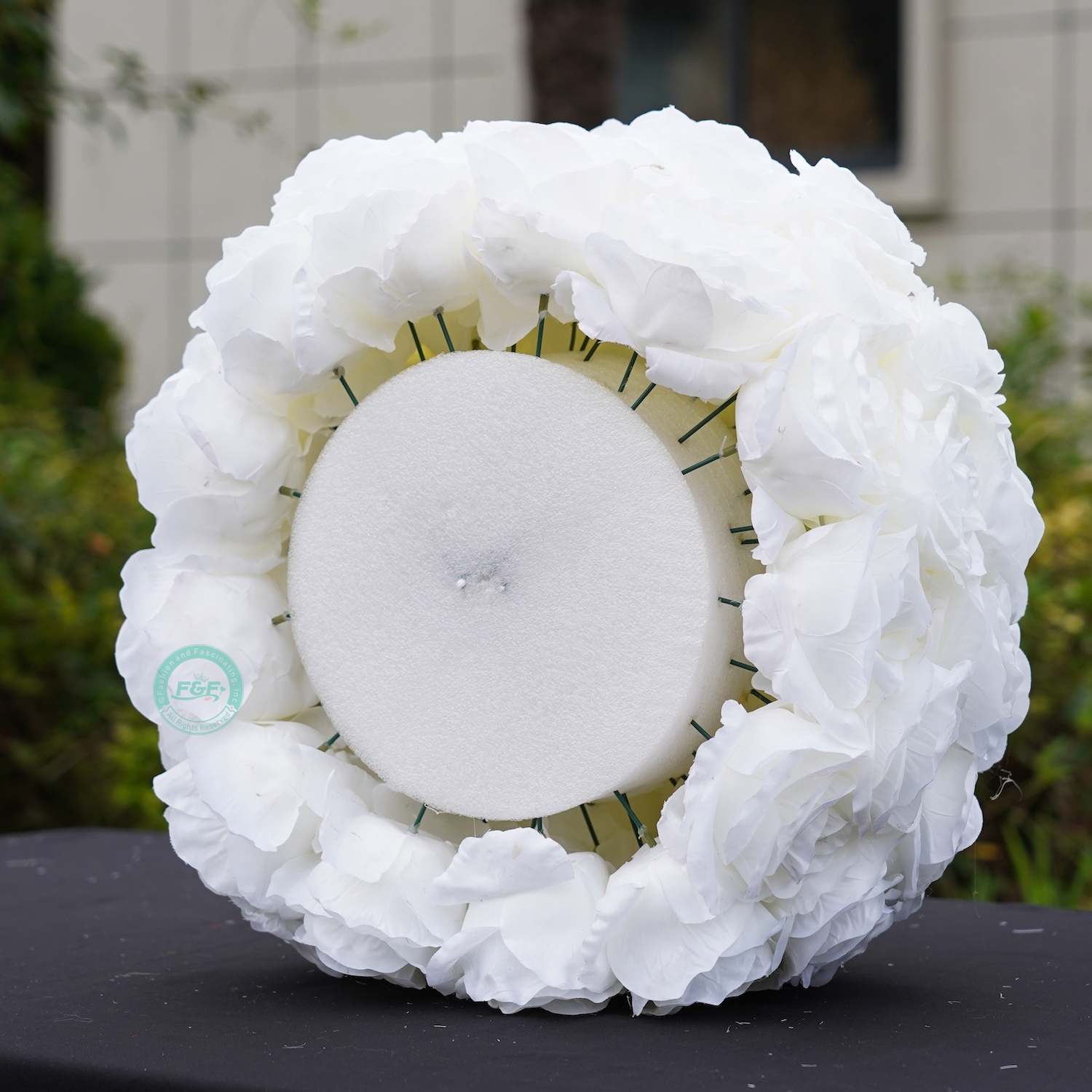 15.7 inch large white silk rose flower ball centerpiece showing dimensions of 40cm width and 35cm height for wedding decor.