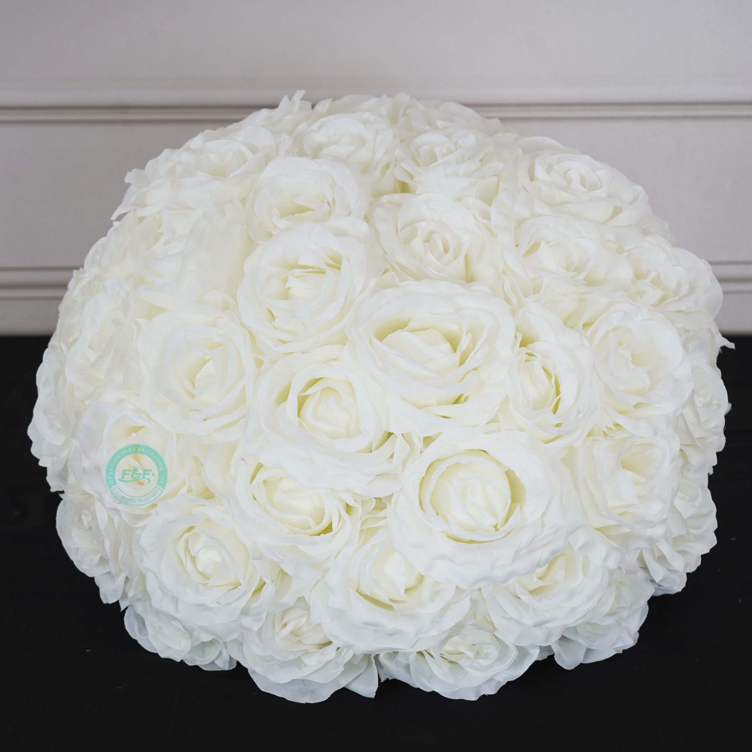 15.7 inch large white silk rose flower ball centerpiece showing dimensions of 40cm width and 35cm height for wedding decor.