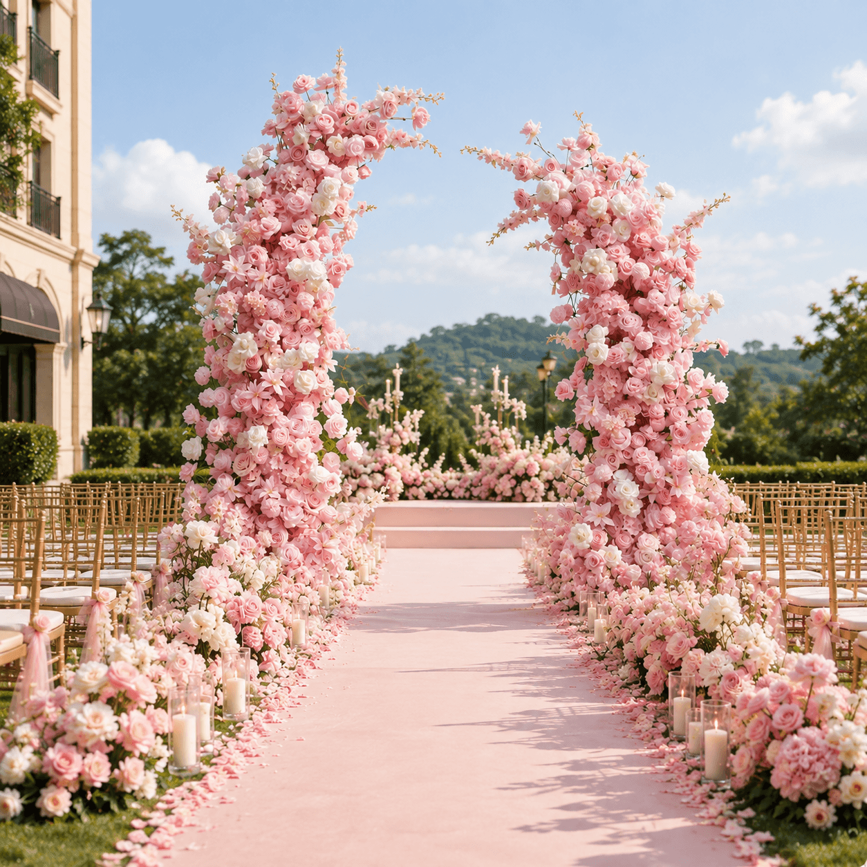 Wedding Arch with Pink Flowers and White Frame